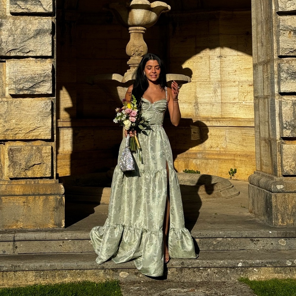 V Chapman Lucetta dress in sage windsor brocade